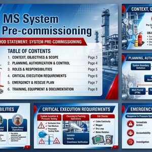 Op de afbeelding: Een gedetailleerde infographic getiteld "MS System Pre-commissioning" met secties over context, doelstellingen, reikwijdte, planning, rollen, vereisten en noodplannen. De afbeelding bevat diagrammen, tekst en illustraties van industri&euml;le apparatuur.