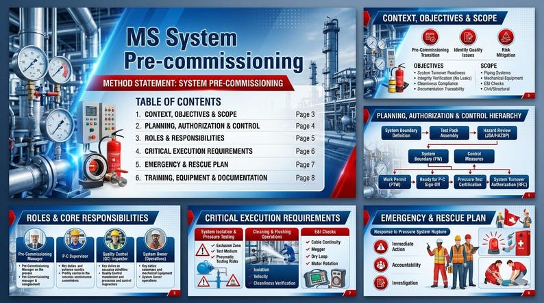 Op de afbeelding: Een gedetailleerde infographic getiteld "MS System Pre-commissioning" met secties over context, doelstellingen, reikwijdte, planning, rollen, vereisten en noodplannen. De afbeelding bevat diagrammen, tekst en illustraties van industri&euml;le apparatuur.