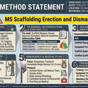 Op de afbeelding: Een HSE-methodeverklaring-afbeelding met details over MS-steigerbouw, montage en demontage. Het bevat secties over context, planning, rollen, noodplannen en training. Het document is ISO 9001 & 17025 geaccrediteerd.