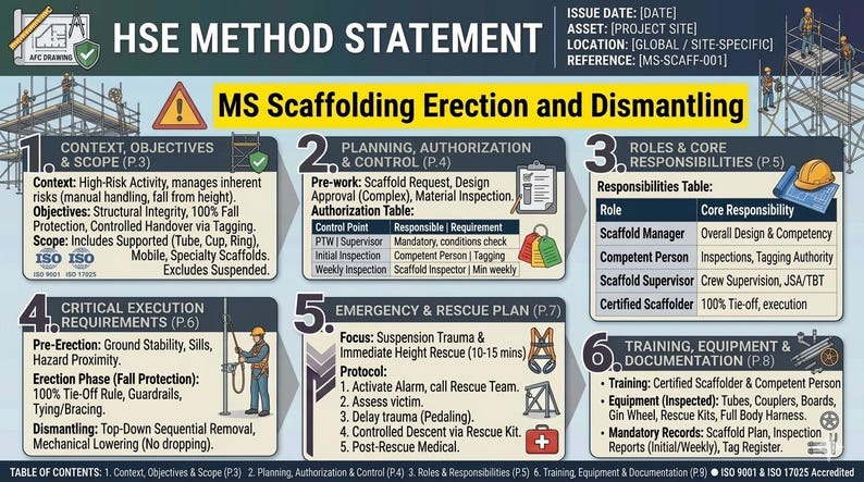 Op de afbeelding: Een HSE-methodeverklaring-afbeelding met details over MS-steigerbouw, montage en demontage. Het bevat secties over context, planning, rollen, noodplannen en training. Het document is ISO 9001 & 17025 geaccrediteerd.