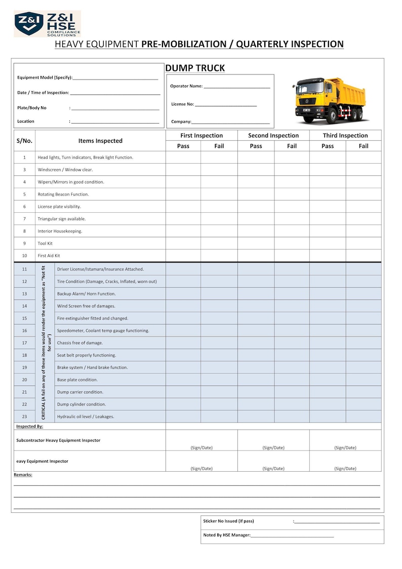 Plant Pre-mobilization Inspection Checklists | Heavy Machinery ...