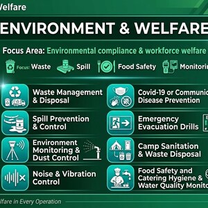 May include: A green and white graphic promoting environmental and welfare topics. The image includes icons for waste management, spill prevention, food safety, and more. Text reads "Environment & Welfare" and "Ensure Sustainability & Welfare in Every Operation."