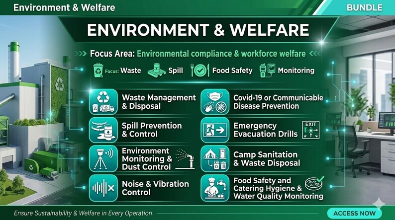May include: A graphic in green and white promoting environmental and welfare topics. The image features icons for waste management, spill prevention, food safety, and other areas. Text reads "Environment & Welfare" and "Ensure Sustainability & Welfare in Every Operation."