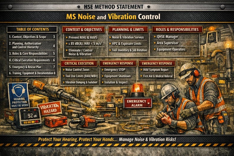 May include: An illustrated poster detailing HSE method statements for MS Noise and Vibration Control. The poster includes sections on context, planning, roles, and emergency response. The image shows workers in safety gear, along with equipment and warning signs.
