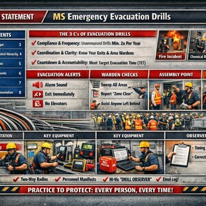 May include: An infographic detailing MS Emergency Evacuation Drills, with sections on alerts, checks, and emergency response. The image uses text, diagrams, and photos of safety personnel, highlighting safety protocols and training procedures.