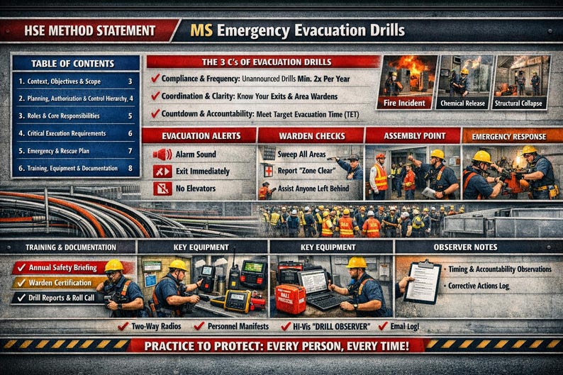 May include: An infographic detailing MS Emergency Evacuation Drills, with sections on alerts, checks, and emergency response. The image uses text, diagrams, and photos of safety personnel, highlighting safety protocols and training procedures.