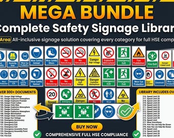Bundel MEGA HSE-veiligheidssignalisatie | Volledige bibliotheek met borden voor PBM, gevaar, brand, verkeer, noodgevallen en omgevingsborden