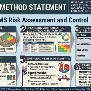 Op de afbeelding: HSE-methodestatement grafiek met secties over risicobeoordeling en -beheersing. Bevat context, planning, rollen, uitvoering, noodsituatie en training. Met diagrammen, iconen en tekst, met ISO-normen.
