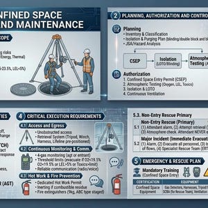 Op de afbeelding: Infographic met details over reinigings- en onderhoudsprocedures voor besloten ruimten. Het bevat secties over context, doelstellingen, rollen, vereisten en noodplannen. Illustraties tonen werknemers, apparatuur en veiligheidsprotocollen.