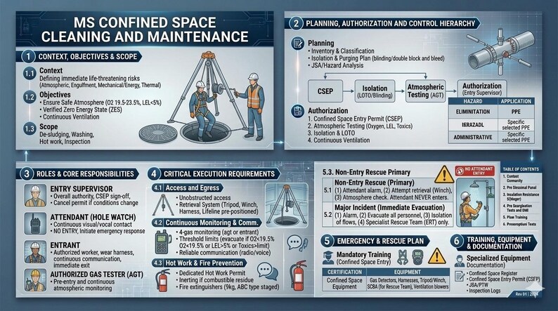Op de afbeelding: Infographic met details over reinigings- en onderhoudsprocedures voor besloten ruimten. Het bevat secties over context, doelstellingen, rollen, vereisten en noodplannen. Illustraties tonen werknemers, apparatuur en veiligheidsprotocollen.