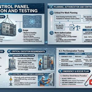 Op de afbeelding: Een infographic met details over de installatie en het testen van MS-bedieningspanelen. Secties omvatten context, planning, rollen, vereisten, testen en noodprocedures. Bevat diagrammen, tekst en illustraties van werknemers en apparatuur. De tekst bevat de titel "MS CONTROL PANEL INSTALLATION AND TESTING".