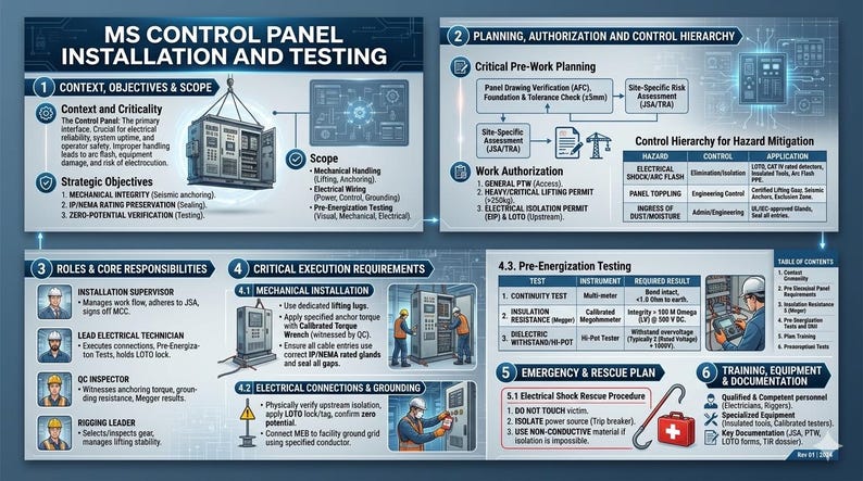 Op de afbeelding: Een infographic met details over de installatie en het testen van MS-bedieningspanelen. Secties omvatten context, planning, rollen, vereisten, testen en noodprocedures. Bevat diagrammen, tekst en illustraties van werknemers en apparatuur. De tekst bevat de titel "MS CONTROL PANEL INSTALLATION AND TESTING".
