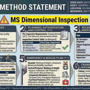 Op de afbeelding: Een gedetailleerd diagram getiteld "HSE Method Statement" voor MS Dimensional Inspection, met secties over context, planning, rollen, uitvoering, noodplannen en training. Inclusief ISO-certificeringen en diverse tools.