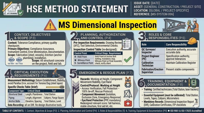 Op de afbeelding: Een gedetailleerd diagram getiteld "HSE Method Statement" voor MS Dimensional Inspection, met secties over context, planning, rollen, uitvoering, noodplannen en training. Inclusief ISO-certificeringen en diverse tools.