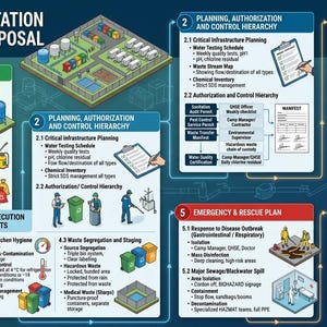 May include: Infographic detailing MS Camp Sanitation and Waste Disposal. Sections include context, planning, roles, requirements, emergency plans, and training. Diagrams and text are used to convey information about sanitation, waste disposal, and safety protocols.