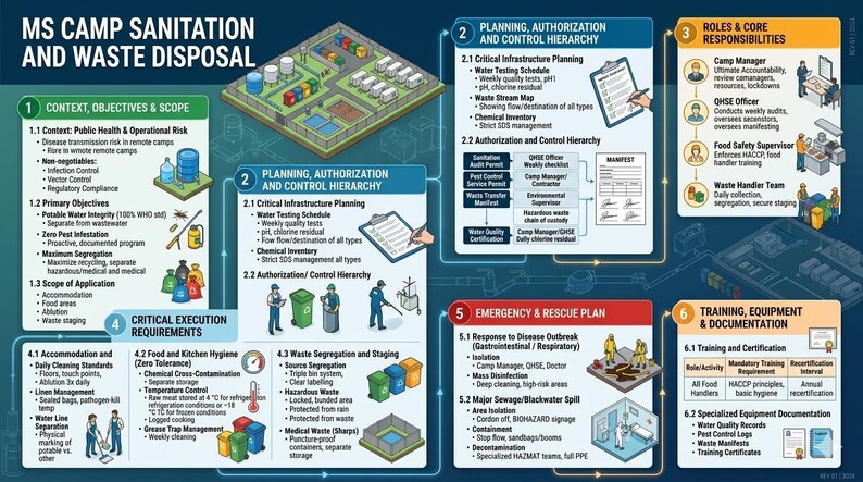 May include: Infographic detailing MS Camp Sanitation and Waste Disposal. Sections include context, planning, roles, requirements, emergency plans, and training. Diagrams and text are used to convey information about sanitation, waste disposal, and safety protocols.
