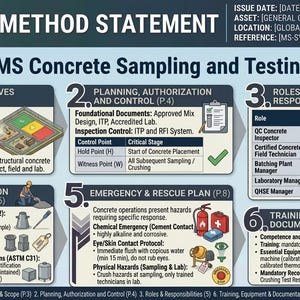 Op de afbeelding: Infographic "HSE Method Statement" met details over betonbemonstering en -testen. Het bevat secties over context, planning, uitvoering, noodplannen en training. Het document gebruikt een kleurgecodeerd ontwerp met pictogrammen en tekst en bevat ISO-certificeringen.