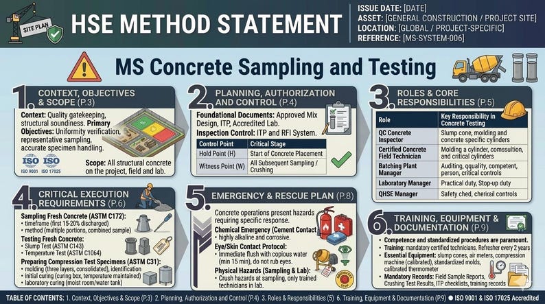 Op de afbeelding: Infographic "HSE Method Statement" met details over betonbemonstering en -testen. Het bevat secties over context, planning, uitvoering, noodplannen en training. Het document gebruikt een kleurgecodeerd ontwerp met pictogrammen en tekst en bevat ISO-certificeringen.