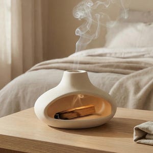 May include: A cream-coloured ceramic incense holder with an oval shape and a large opening. A piece of burning wood is inside, emitting smoke. The holder sits on a light wood table, with a bed and window in the background.