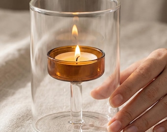 Glass Tealight Candle Holder | Amber & Clear Glass | Minimalist Table Decor | Cozy Night Light | Aesthetic Home Gift