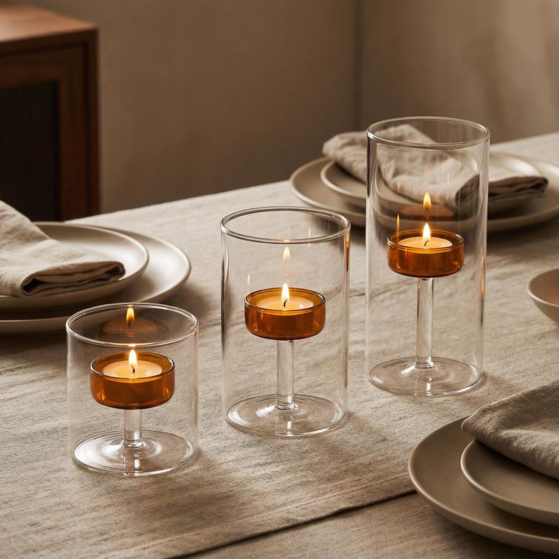 May include: Three clear glass candle holders with lit orange candles. The candles are set on a stem within the glass. The candle holders are on a table with plates and napkins.