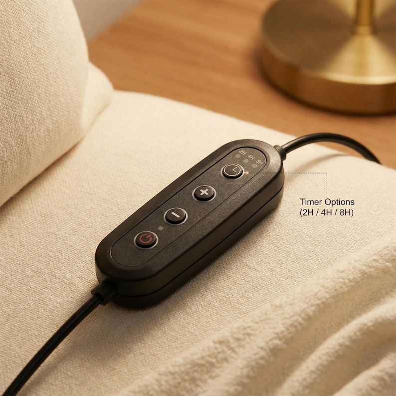 May include: A black control panel with a power button, plus and minus buttons, and a timer button. The text "Timer Options (2H / 4H / 8H)" is visible. The panel is connected to a black cord and rests on a cream-colored fabric.