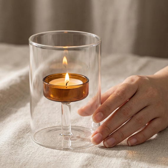 Glass Tealight Candle Holder | Amber & Clear Glass | Minimalist Table Decor | Cozy Night Light | Aesthetic Home Gift