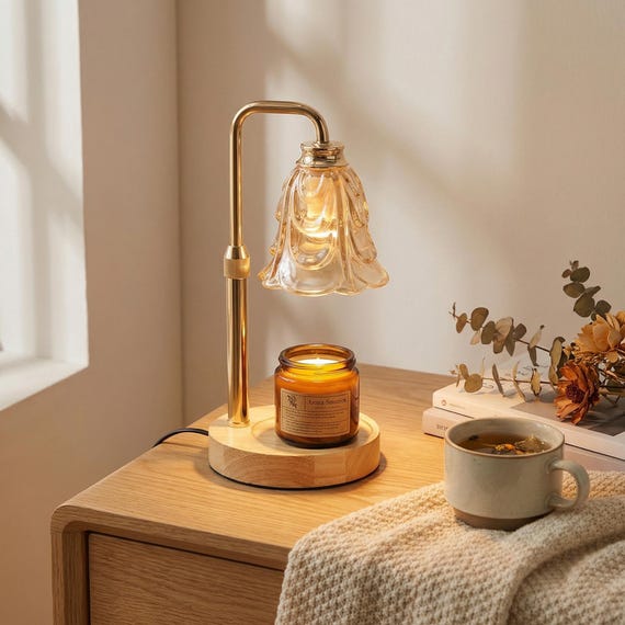 Candle Warmer Lamp | Flame Free Candle Warmer | Adjustable Height Candle Lamp | Wooden Base Candle Warmer | Cozy Night Light