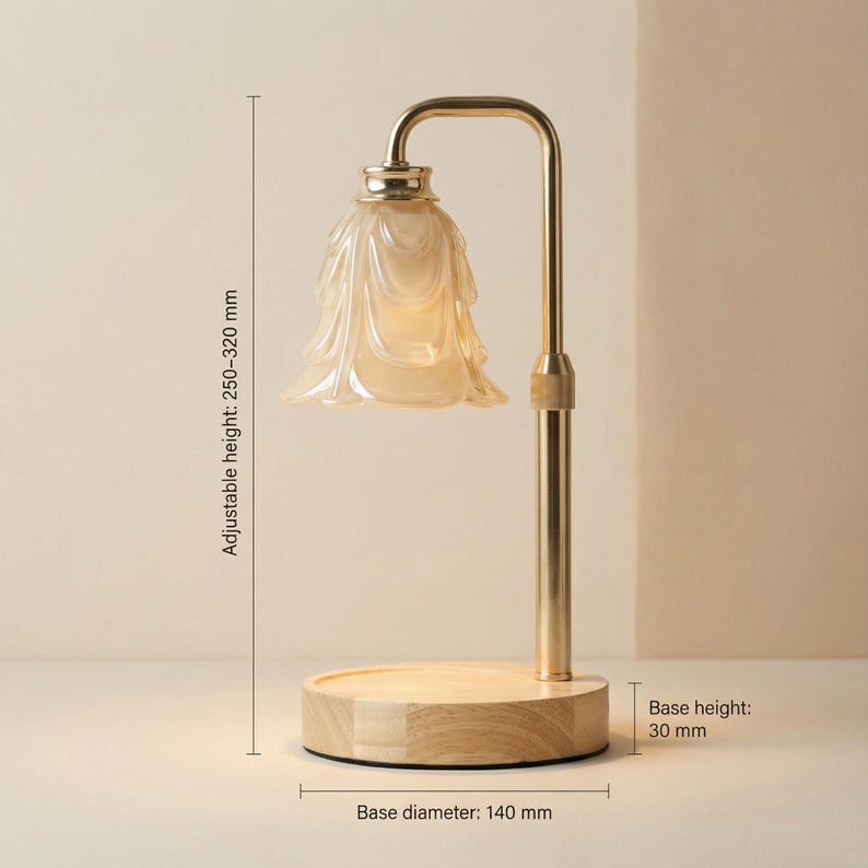 May include: A decorative table lamp with a flower-shaped glass shade and a brass-colored metal frame. The lamp has an adjustable height of 9.8-12.6 inches, a base diameter of 5.5 inches, and a base height of 1.2 inches. The base is made of wood.