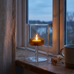 May include: A lit candle in a clear glass holder with a brown glass cup. The candle sits on a stem inside a larger cylindrical glass. The setup is on a wooden windowsill with a neutral-coloured curtain and a mug.