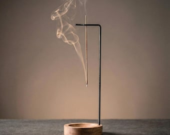 Round Base Minimalist Incense Holder | Wooden Base & Black Iron Frame | Modern Incense Stand for Night Rituals | Calm Home Décor