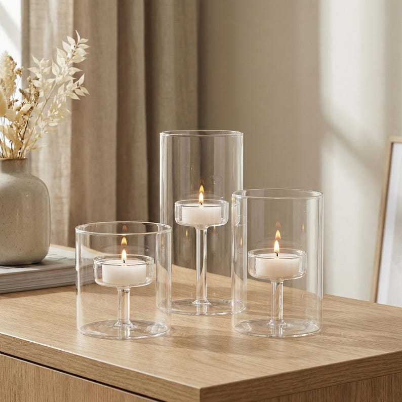 May include: Three clear glass candle holders with lit white candles. The candle holders are cylindrical, with a small platform to hold the candle. The candles are lit, casting a warm glow. The holders are on a wooden surface.