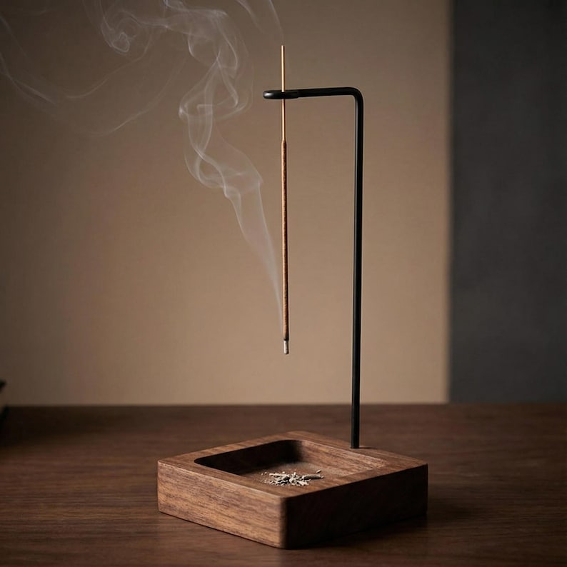May include: A wooden incense holder with a black metal stand, holding a lit incense stick. The incense emits a wisp of smoke, and the wooden base has a square shape. The holder sits on a wooden surface.
