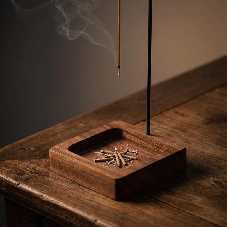 May include: A square, wooden incense holder with a dark finish. Incense sticks and ash are in the holder. A lit incense stick emits smoke. A black metal stand holds a lit incense stick.