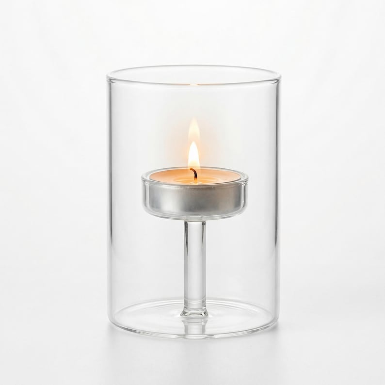 May include: A clear glass candle holder with a lit tea light candle. The candle is in a silver metal holder, and the flame is bright orange. The holder is cylindrical and sits on a white surface.