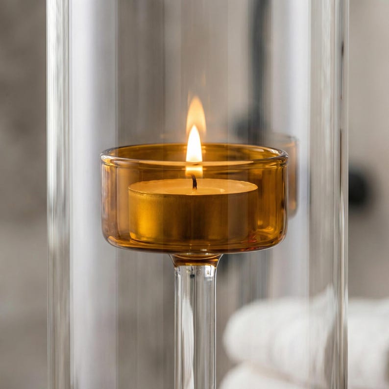 May include: A burning candle in a clear glass holder. The candle sits in a small, amber-tinted glass cup, with a bright flame. The holder has a long, clear stem and is enclosed in a larger glass cylinder.