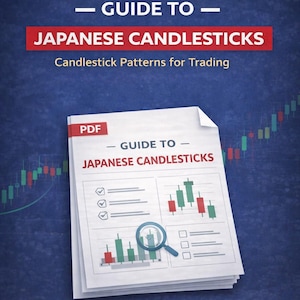 Puede incluir: Una descarga en PDF titulada "Guía de velas japonesas" con el subtítulo "Patrones de velas para operar". La portada presenta un fondo azul con una pila de papeles que muestran gráficos de velas y una lupa.