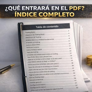 以下が含まれることがあります： 「&iquest;QU&Eacute; ENTRAR&Aacute; EN EL PDF? &Iacute;NDICE COMPLETO」というタイトルが上部に表示されたPDFドキュメントの詳細な目次。 金色のアクセントが付いた黒いペンが、開いた本の隣にあり、金のコインの山が右側にあります。