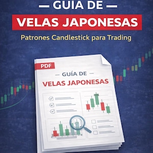 May include: A stack of papers with the title "GUÍA DE VELAS JAPONESAS" in Spanish, with the subtitle "Patrones Candlestick para Trading." The image includes candlestick charts and a magnifying glass, with a PDF icon in the corner.