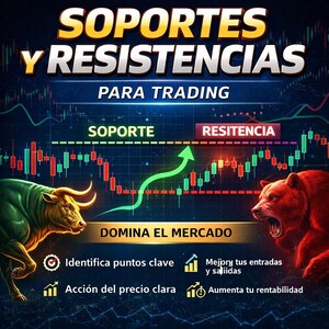 May include: A digital graphic with the text "SOPORTES Y RESISTENCIAS PARA TRADING" in yellow and white. It features a green bull and a red bear, with stock charts and the words "SOPORTE" and "RESISTENCIA". Additional text includes "DOMINA EL MERCADO".