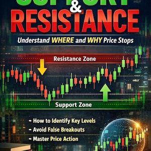 Peut inclure: Couverture de livre intitulée « SUPPORT & RESISTANCE » avec du texte vert et rouge. Elle comprend un graphique avec des chandeliers verts et rouges, un globe avec un graphique similaire et le texte « How to Identify Key Levels ». Le livre traite de l'analyse technique professionnelle.