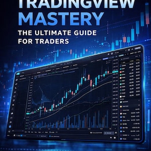Könnte beinhalten: Digitales Bildmaterial für "TradingView Mastery", ein Leitfaden für Trader. Das Bild zeigt ein Tablet mit einem Aktienchart und Datenanalyse. Der Text enthält "Master Chart Analysis", "Optimize Indicators & Alerts" und "Enhance Your Trading Skills".