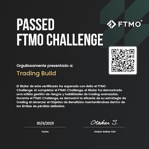 以下が含まれることがあります： 暗い背景に白い文字で「PASSED FTMO CHALLENGE」と書かれた証明書。「Trading Build」に提示されます。QRコードと日付30/9/2025が含まれています。FTMOのロゴは右上隅にあります。