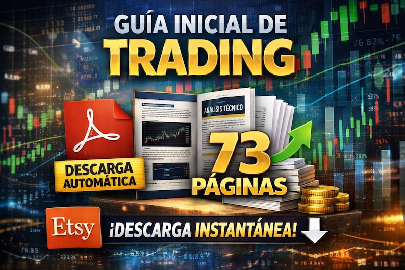 以下が含まれることがあります： トレーディングガイドの広告。画像には、金色の文字で「GU&Iacute;A INICIAL DE TRADING」、PDFアイコン、「DESCARGA AUTOM&Aacute;TICA」という言葉、Etsyのロゴが表示されています。ガイドは73ページで、「AN&Aacute;LISIS T&Eacute;CNICO」が含まれています。