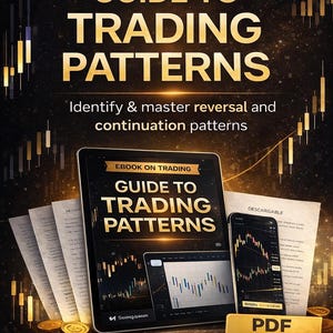 Puede incluir: Una portada de libro electrónico titulada "Guía de patrones de trading" con el texto "Libro electrónico sobre trading" en la parte superior. La portada presenta una tableta y un teléfono inteligente que muestran gráficos de trading.