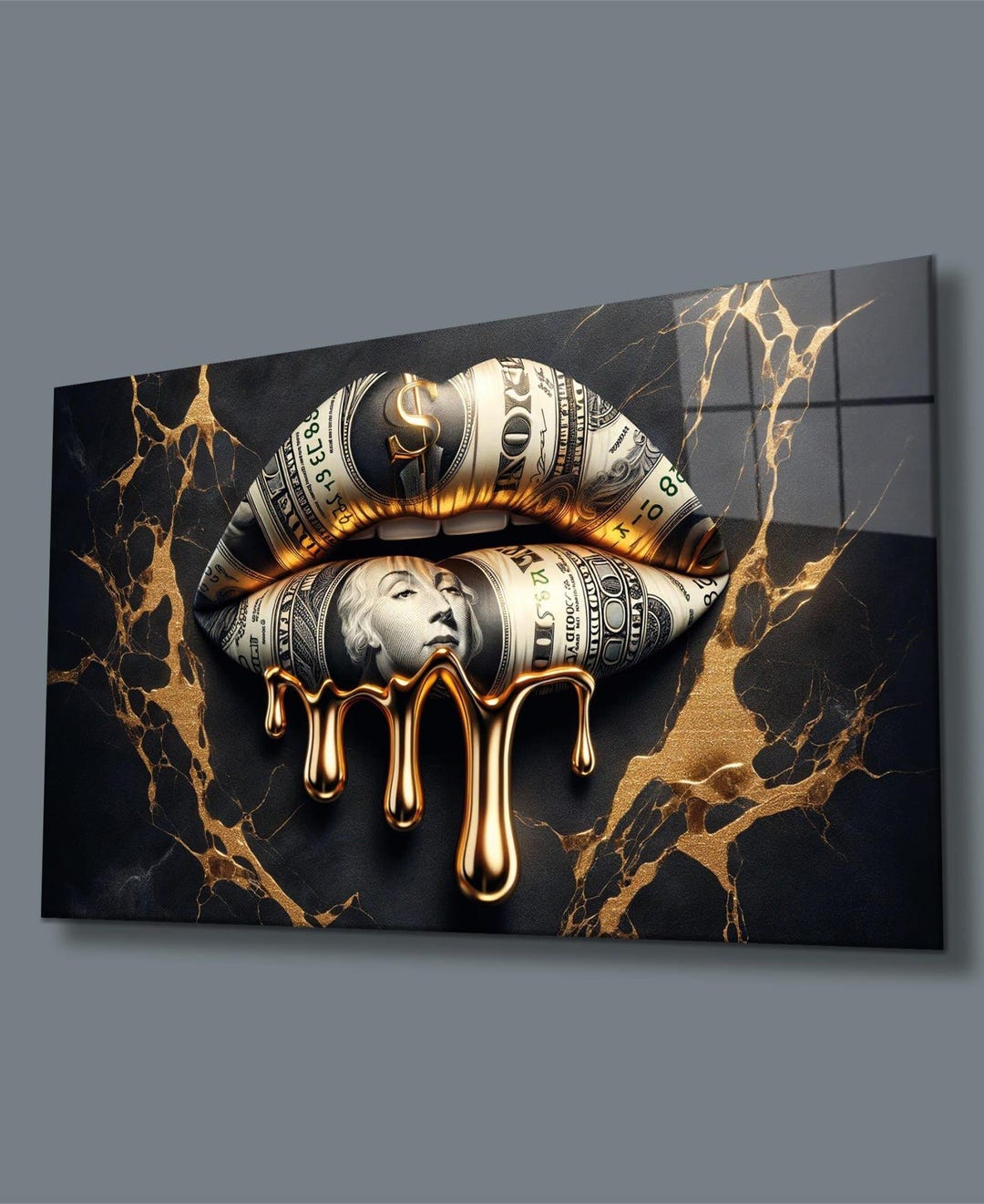 Money Lips Glass Wall Art, Dripping Gold Dollar Decor, Modern Statement ...
