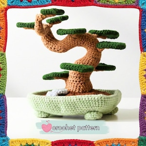 May include: Crocheted bonsai tree with a brown trunk and green leaves, set in a light green pot. The tree has a curved trunk and several tiers of green leaves. The pot has rounded feet. The words "crochet pattern" are in the image.
