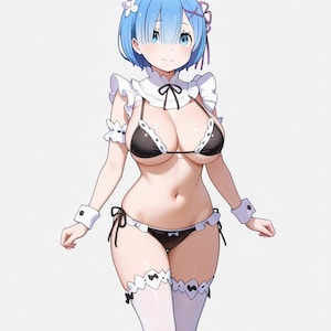 May include: Anime-style illustration of a character in a black and white bikini with frilly trim. The character has blue hair, a white maid outfit collar, and white stockings. Black Mary Jane shoes complete the look.