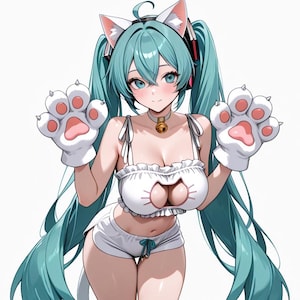 May include: Anime-style illustration of a character with long, turquoise hair styled in pigtails, wearing cat ears and paw-shaped gloves. The character is dressed in a white crop top, shorts, and boots, with a cat tail. A bell hangs from a collar.