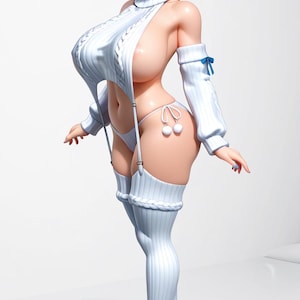 Op de afbeelding: Een 3D-gefigureerde figuur van een vrouw met blauw haar en paarse ogen, gekleed in een witte trui, ondergoed, dijhoge sokken en plateau laarzen. De trui heeft lange mouwen met blauwe strikken. De figuur staat tegen een witte achtergrond.